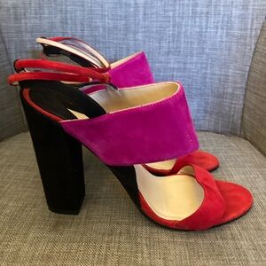 Paul Andrew Xiamen Tricolor Suede Block Heel Sandals Size 8.5 MSRP $446